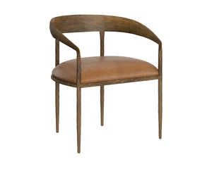 Sunpan Zanatta Dining Armchair – Handcrafted Antique Brass Frame with Unique Hammered Metal Detailing Tan Leather