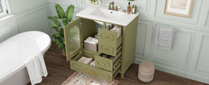 English Elm 30" Freestanding Bathroom Vanity Solid Wood Cabinet Ceramic Basin 3 Drawer Storage Green W1580P382512
