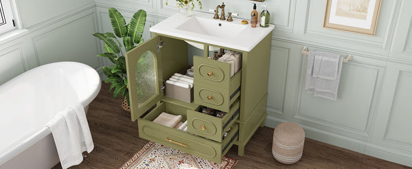 English Elm 30" Freestanding Bathroom Vanity Solid Wood Cabinet Ceramic Basin 3 Drawer Storage Green W1580P382512