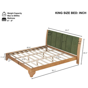 English Elm Christopher Knight Home® - Premium Pine Wood King Bed Frame With Upholstered Headboard - Mid-Century Modern Style In Green N770P345989N_N770P345990N