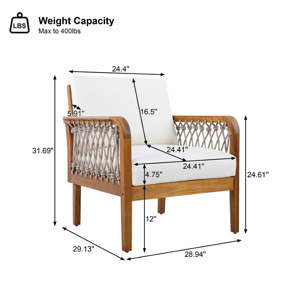 English Elm Outdoor Acacia Wood Patio Club Chair with Woven Rope Armrests and Teak Finish Cream,Oatmeal,Teak N768P363953T