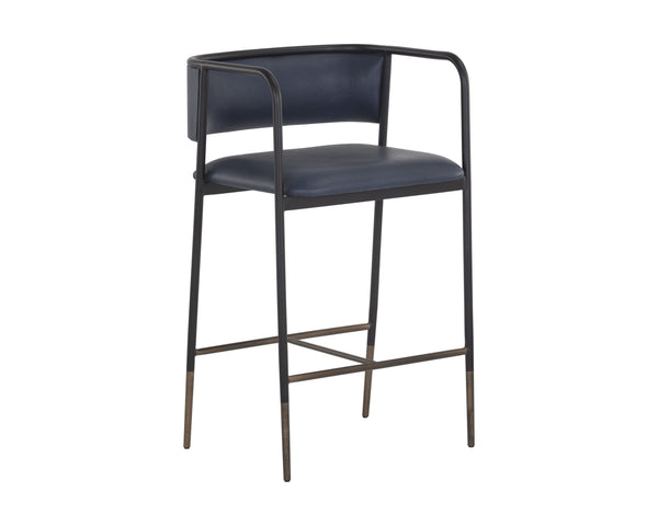 Sunpan Brenan Counter Stool - Elegant Curved Backrest, Unique Faux Leather, Black Metal Frame & Brass Caps Bravo Admiral