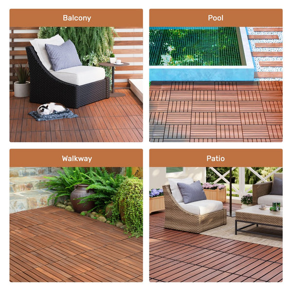 English Elm 30 Interlocking Deck Tiles 12" Square Acacia Hardwood Striped Outdoor Flooring Waterproof DIY Brown W2391P276690