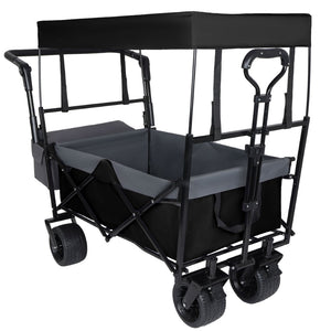 English Elm With Canopy and Steel Frame Collapsible Wagon All-terrain Heavy Duty Outdoor Cart Black W2932P326774