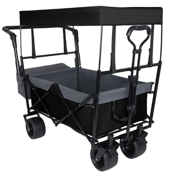 English Elm With Canopy and Steel Frame Collapsible Wagon All-terrain Heavy Duty Outdoor Cart Black W2932P326774