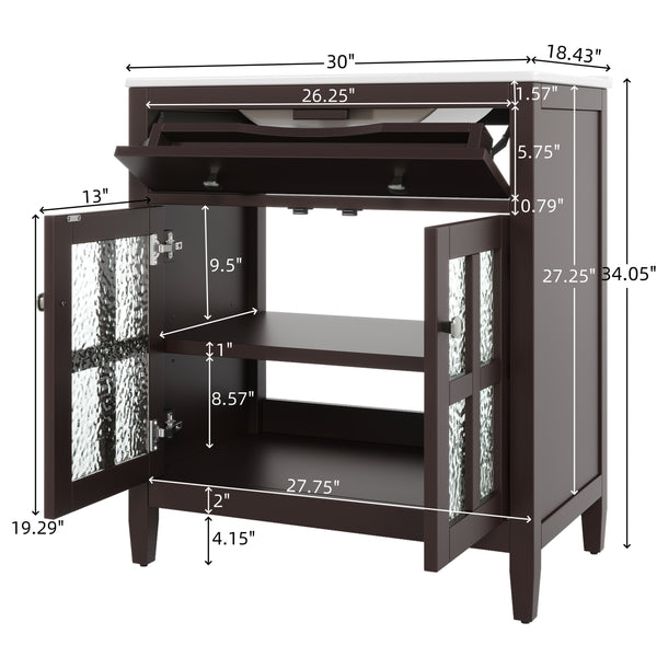 English Elm Christopher Knight Home® - 30" Bathroom Vanity with Ceramic Sink, Solid Wood Legs, Adjustable Shelf, Tip-Out Tray, Soft-Close Hinges, Silver Knobs, Moisture-Resistant Finish Dark Brown N817P286250D
