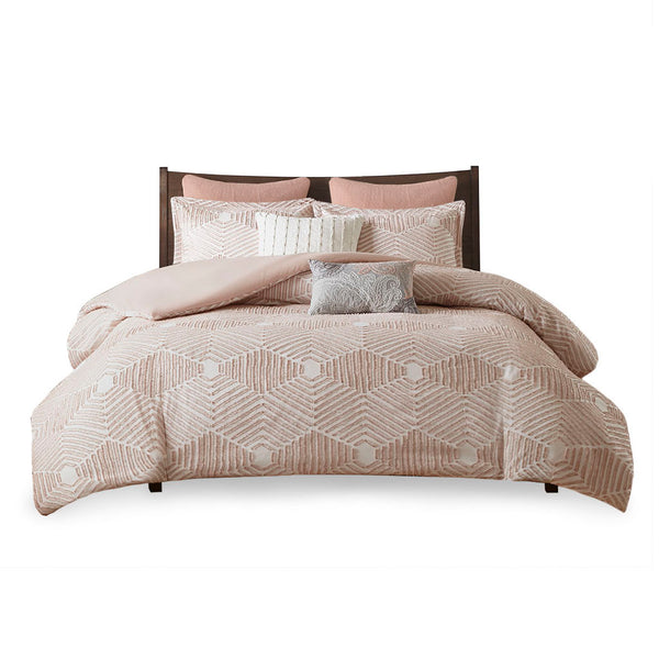 JLA Home INK+IVY - Cotton Ellipse Jacquard Duvet Cover Set — Reversible Blush Geometric Texture, OEKO‑TEX Certified, Button Closures and Corner Ties for Secure Fit 92 L x 104 W x 0.13H II12-1055