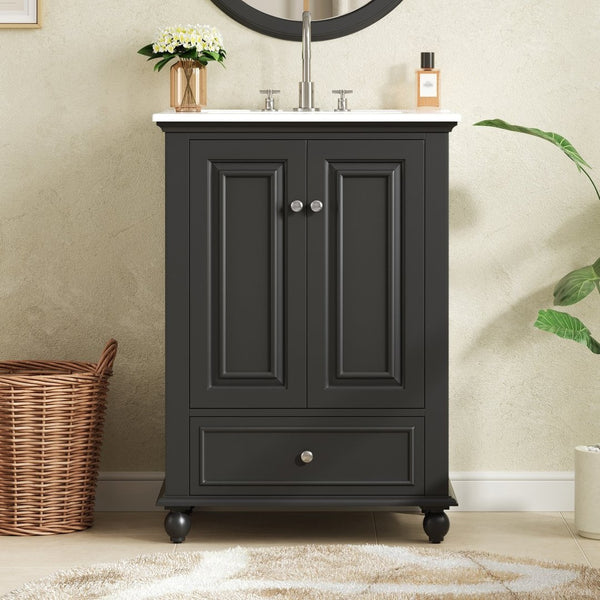 English Elm 24'' French Style Bathroom Vanity with Ceramic Sink Soft Close Cabinet and Drawer Black N710P411227B