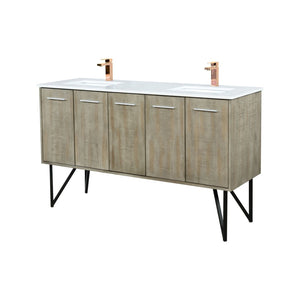 English Elm Rustic Acacia Double Bath Vanity 60" W X 20" D With White Quartz Top & Elegant Rose Gold Faucet Set B2731P259632-GIGA