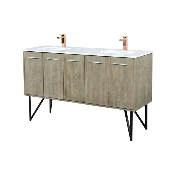 English Elm Rustic Acacia Double Bath Vanity 60" W X 20" D With White Quartz Top & Elegant Rose Gold Faucet Set B2731P259632-GIGA