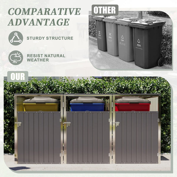 English Elm Garbage Bin Shed Galvanized Steel Enclosure Fits Three Cans with Lockable Waterproof Lid Light Gray W1598P357717