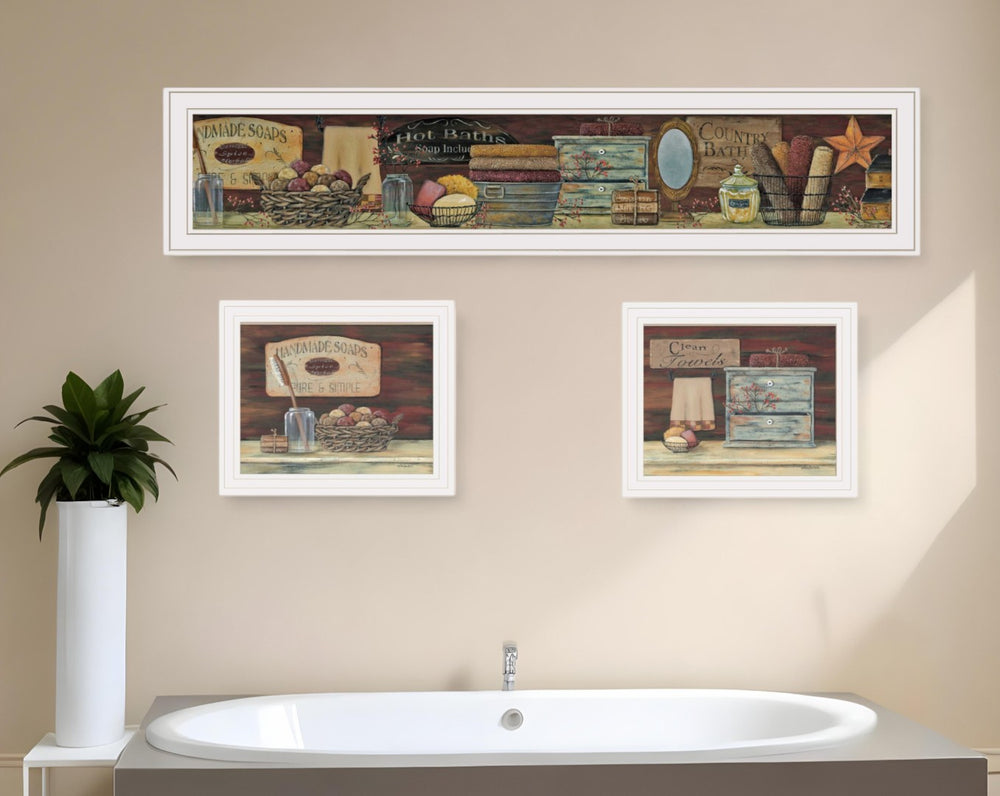 HomeRoots Set of Three COUNTRY BATH Framed Prints – Charming Wall Art for Farmhouse & Coastal Decor 415728