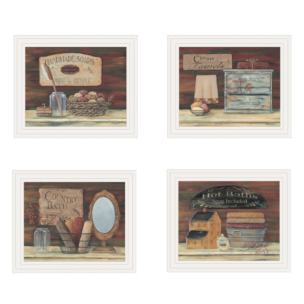 HomeRoots Set of Four Country Bathroom Framed Prints – Americana Wall Art for Cozy Home Decor White 415731