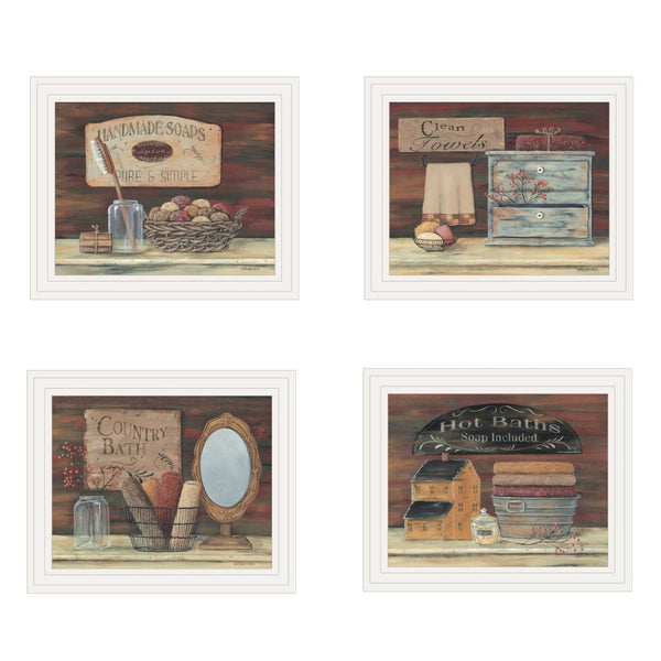 HomeRoots Set of Four Country Bathroom Framed Prints – Americana Wall Art for Cozy Home Decor White 415731