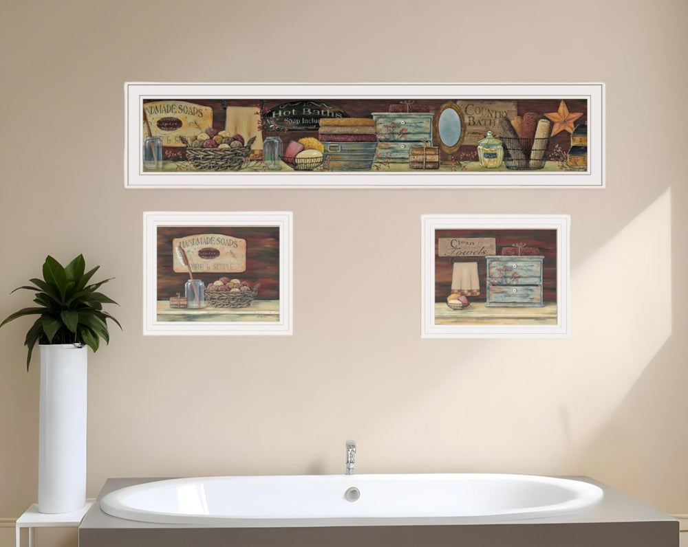 HomeRoots Set of Three COUNTRY BATH White Framed Prints – Farmhouse Bathroom Wall Art for Instant Charm 415735