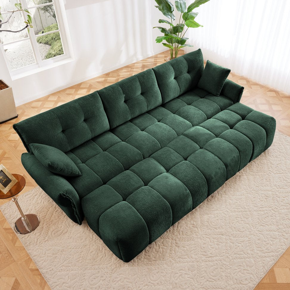English Elm 3-Seater Sofa Set With 3 Ottomans & Pillows, Elegant Green Chenille, Durable Wood Frame, Versatile Comfort W714S01163