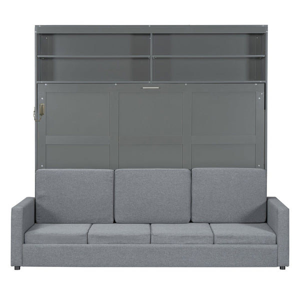 English Elm Queen Murphy Wall Bed with Integrated Sofa Linen Upholstered for Studio Apartments Gray LP000892AAE-1