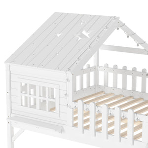 English Elm Twin Playhouse Loft Bed Solid Pine Frame with Slide Led Lights and Star Roof White W5316S00004