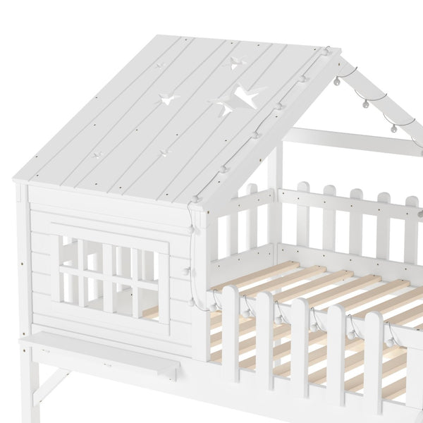 English Elm Twin Playhouse Loft Bed Solid Pine Frame with Slide Led Lights and Star Roof White W5316S00004