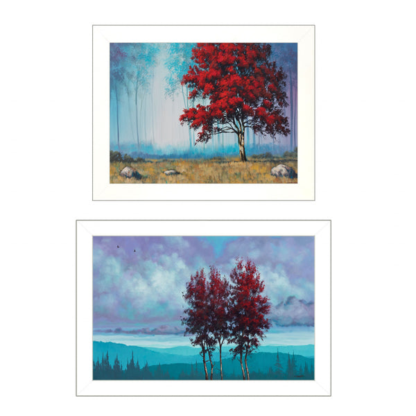 Homeroots Set Of Two Red Trees 1 White Framed Print Wall Art  Paper,Wood 415809