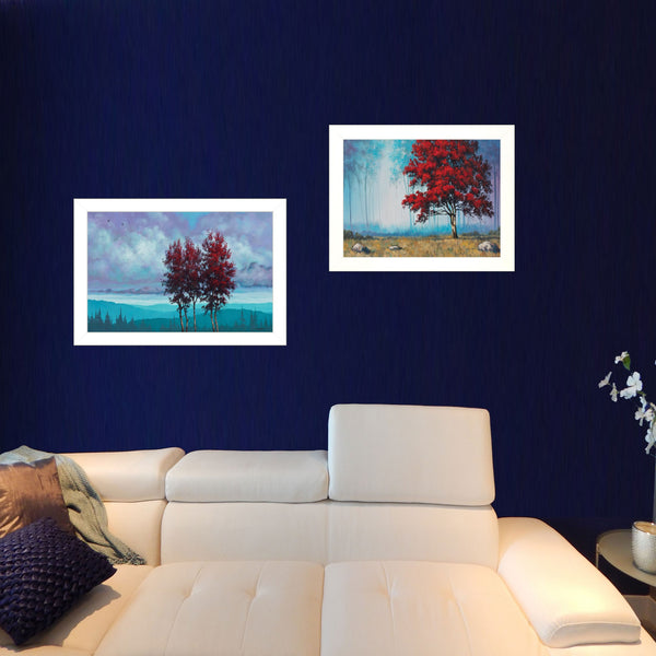 Homeroots Set Of Two Red Trees 1 White Framed Print Wall Art  Paper,Wood 415809