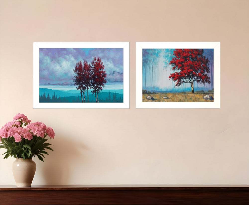 Homeroots Set Of Two Red Trees 1 White Framed Print Wall Art  Paper,Wood 415809