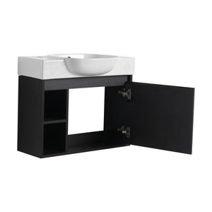 English Elm 26'' Wall-Mounted Bathroom Vanity with Glossy White Ceramic Sink, Soft-Close Door & Waterproof Finish Dark Oak W999P310759
