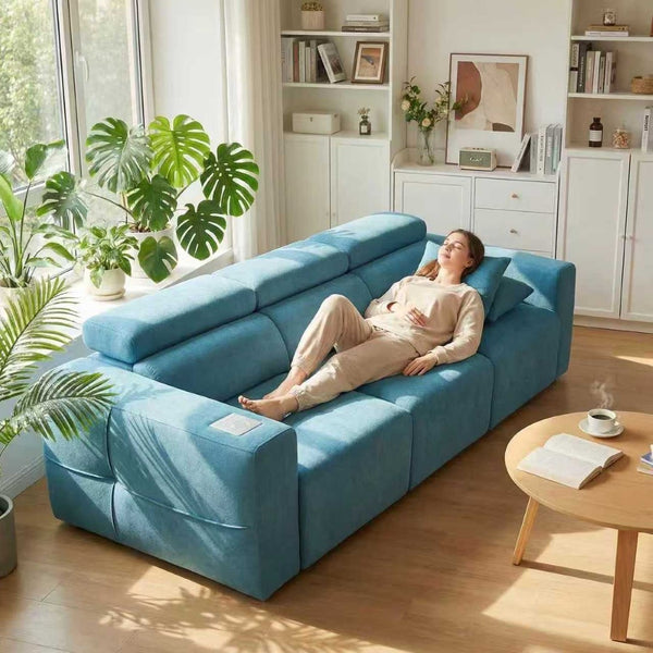 English Elm Power Reclining Sofa with Bluetooth Speakers Wireless Charging and Smart Home Theater Seating Blue W3795S00009