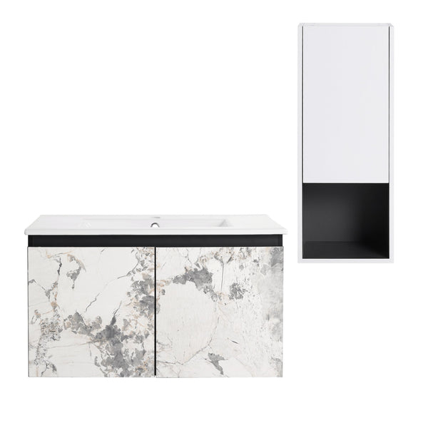 English Elm 30" Wall-Mounted Bathroom Vanity Set With Ceramic Sink, Soft-Close Doors & Ample Storage Solution W999S00331