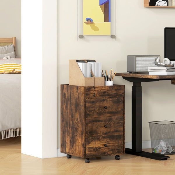 English Elm HOMCOM Mobile 3-Drawer Office Storage Cabinet with Removable Top Tray, Locking Wheels, Space-Saving Design Rustic Brown W2225P217759