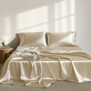 JLA Home Madison Park Essentials - Luxury Satin Sheet Set for Smooth, Skin-Friendly Sleep with Wrinkle-Resistant Finish & OEKO-TEX Safety Champagne MPE20-1158