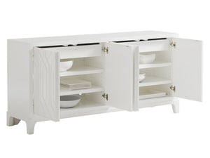 Lexington Oak Creek Buffet - Modern Traditional Design With Geometric Fretwork, Storage Drawers & Adjustable Shelves Alabaster  415-852