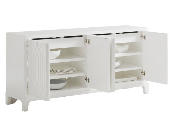 Lexington Oak Creek Buffet - Modern Traditional Design With Geometric Fretwork, Storage Drawers & Adjustable Shelves Alabaster  415-852