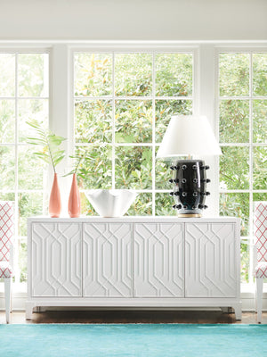 Lexington Oak Creek Buffet - Modern Traditional Design With Geometric Fretwork, Storage Drawers & Adjustable Shelves Alabaster  415-852