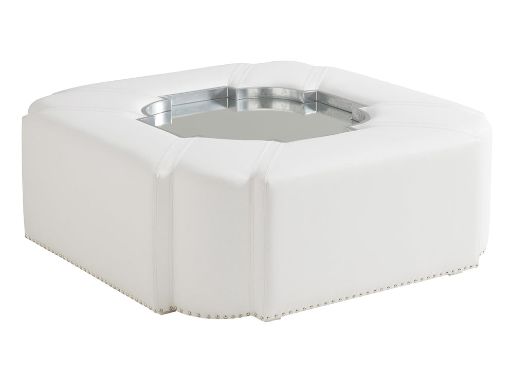 Lexington Clarendon Modern Cocktail Ottoman With Mirrored Tray, Elegant Faux Leather, And Stylish Nailhead Trim Alabaster  415-944