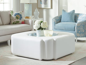 Lexington Clarendon Modern Cocktail Ottoman With Mirrored Tray, Elegant Faux Leather, And Stylish Nailhead Trim Alabaster  415-944