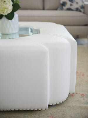 Lexington Clarendon Modern Cocktail Ottoman With Mirrored Tray, Elegant Faux Leather, And Stylish Nailhead Trim Alabaster  415-944