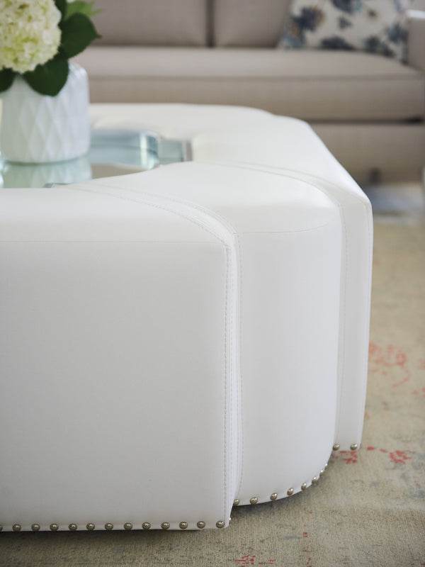 Lexington Clarendon Modern Cocktail Ottoman With Mirrored Tray, Elegant Faux Leather, And Stylish Nailhead Trim Alabaster  415-944