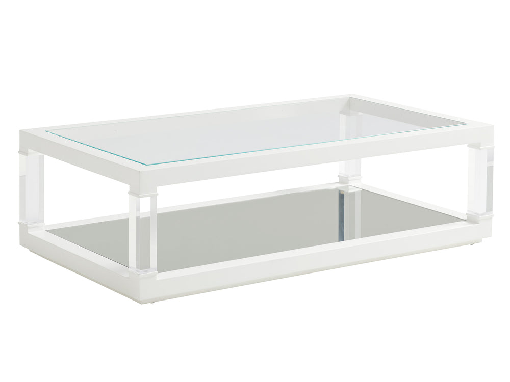 Lexington Riverdale Modern Cocktail Table With Glass Top, Mirrored Shelf, And Acrylic Legs For Stylish Living Alabaster  415-945