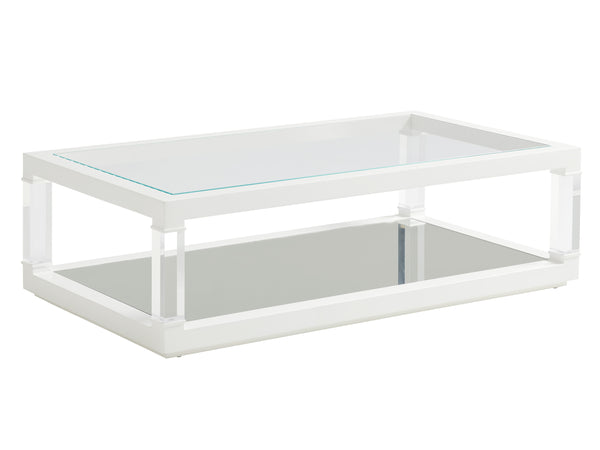 Lexington Riverdale Modern Cocktail Table With Glass Top, Mirrored Shelf, And Acrylic Legs For Stylish Living Alabaster  415-945