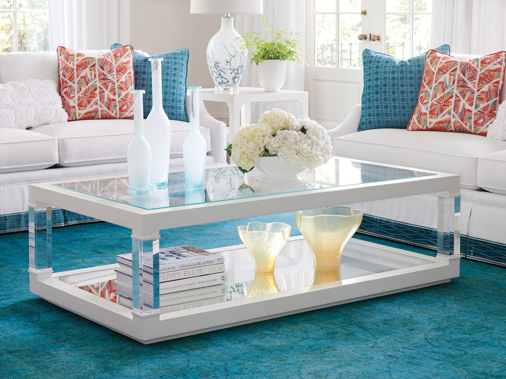 Lexington Riverdale Modern Cocktail Table With Glass Top, Mirrored Shelf, And Acrylic Legs For Stylish Living Alabaster  415-945