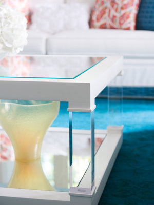 Lexington Riverdale Modern Cocktail Table With Glass Top, Mirrored Shelf, And Acrylic Legs For Stylish Living Alabaster  415-945