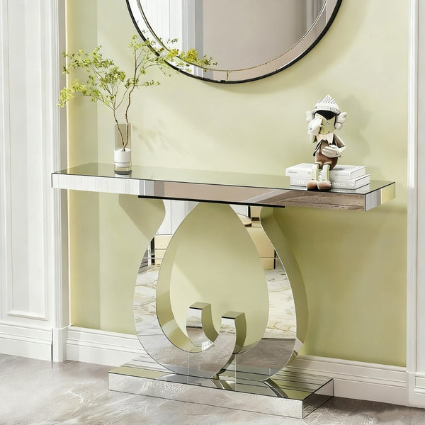 English Elm Modern Mirrored Console Table with Silver Double C Base for Entryway or Sofa W3836P382513