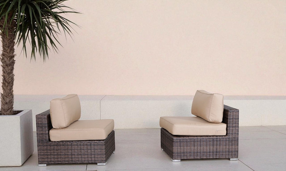 English Elm 28" Armless Outdoor Chairs Set of 2 with Sunbrella Cushions — HDPE Wicker, Weatherproof, Fully Assembled B120P352239
