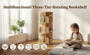 English Elm 3 Tier Spinning Round Bookcase Natural Wood Floor Shelf for Bedroom or Study W2989P460321