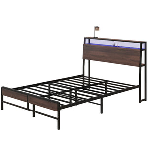 English Elm HOMCOM Full Size Bed Frame with LED RGB Headboard, Built-In Charging Station and 3-Tier Shelf Walnut W2225P249911