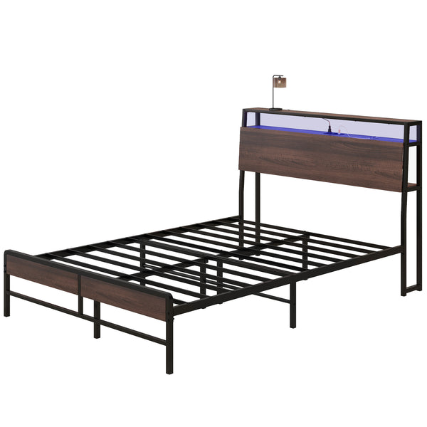 English Elm HOMCOM Full Size Bed Frame with LED RGB Headboard, Built-In Charging Station and 3-Tier Shelf Walnut W2225P249911
