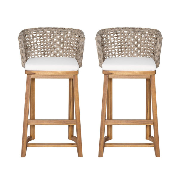 English Elm Outdoor Acacia Teak Bar Stools Set of 2 Wicker Back with Cushioned Patio Seating N773P306707B