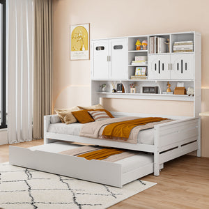 English Elm Full Size Wooden Daybed With Twin Trundle, Integrated Storage Cabinet & Stylish White Finish N820S00027K