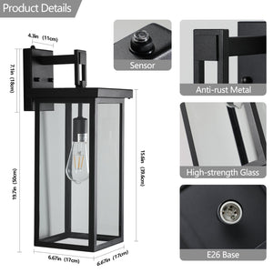 English Elm 20"(H) Set Of 2 Modern Outdoor Wall Lanterns - Black Metal Frame, Clear Glass, Dusk-To-Dawn Sensors W2312P374777